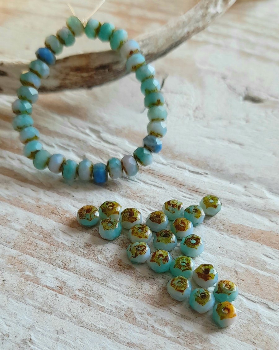 Czech glass Picasso finish aqua turquoise rondelles x20