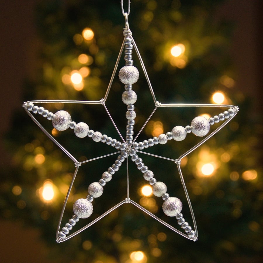 Set of Three Beaded Wire Star Christmas Decorations with Silver Sparkle Beads