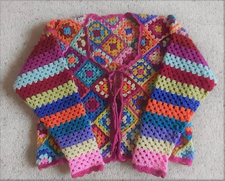 Multicoloured Crochet Cardigan In Granny Squares. 38 to 40 inch Chest