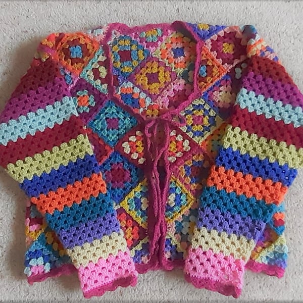 Multicoloured Crochet Cardigan In Granny Squares. 38 to 40 inch Chest