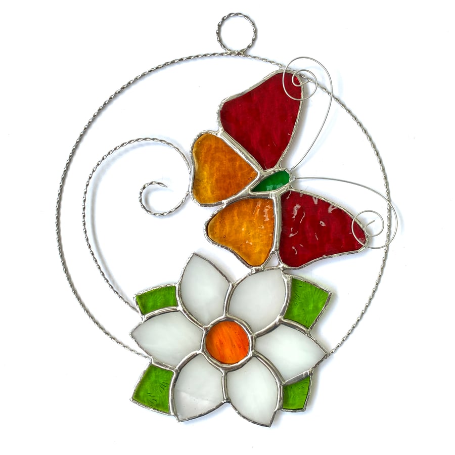 Stained Glass Butterfly and Flower Suncatcher - Handmade Window Decoration 