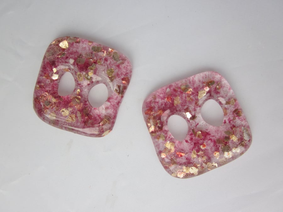 Handmade pair of cast glass buttons - Blush gold sparkle