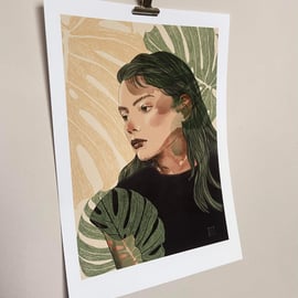 A4 Art print illustration wall art portrait of a woman with monstera plants