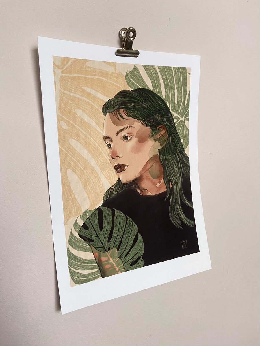 A4 Art print illustration wall art portrait of a woman with monstera plants