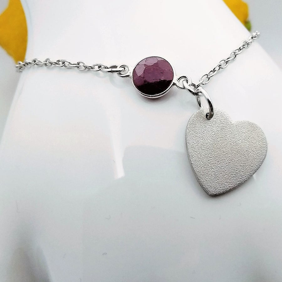 Natural 8mm Ruby & 925 Silver Heart Charm Chain Bracelet 7-8 inch