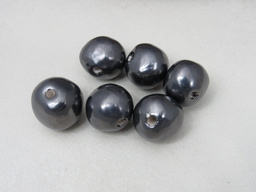 6 Medium Metallic Pewter Glazed Clay Beads