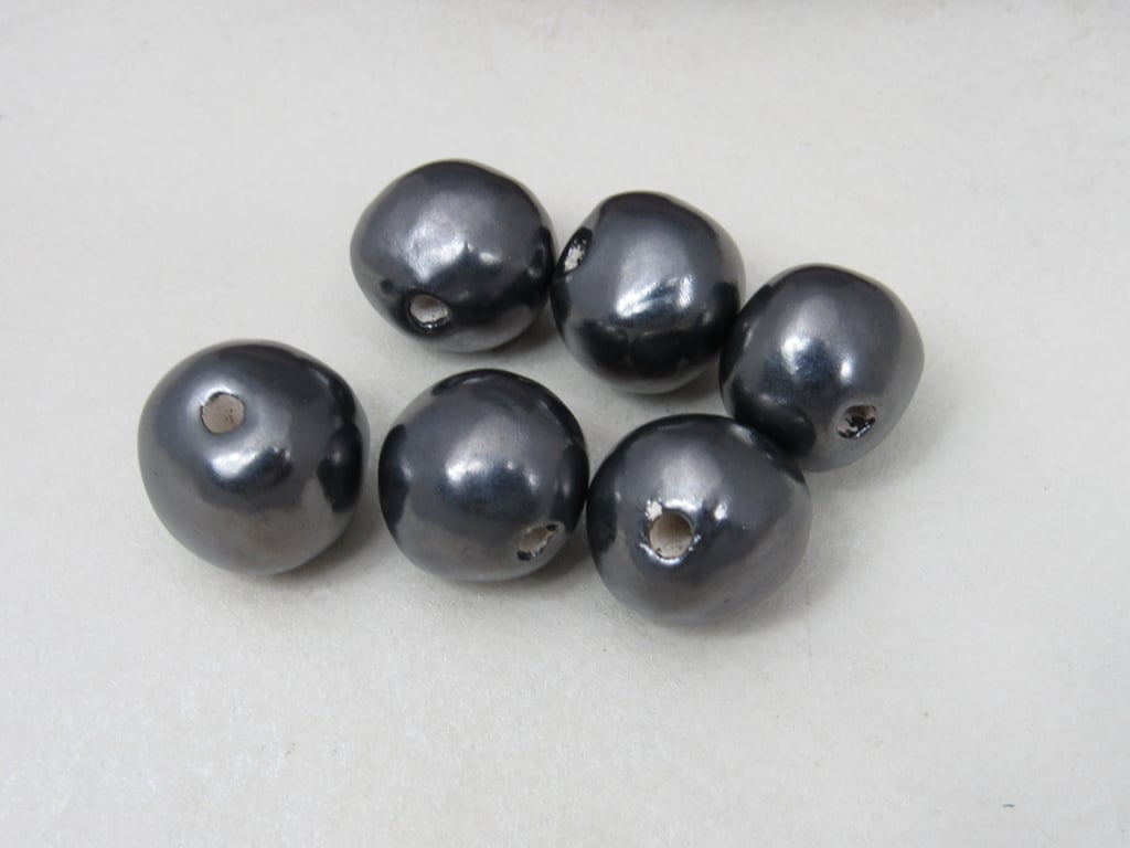 6 Medium Metallic Pewter Glazed Clay Beads