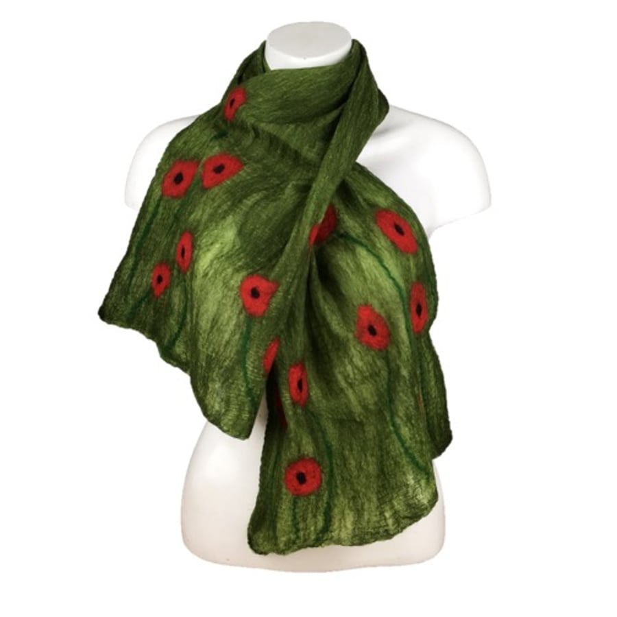 Lightweight green poppy scarf, nuno felted merino wool on silk, gift boxed
