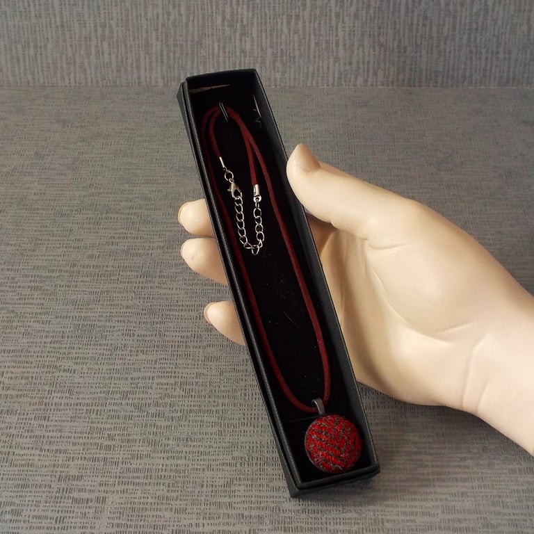 Handmade pendant necklace red and grey herringbone Harris tweed