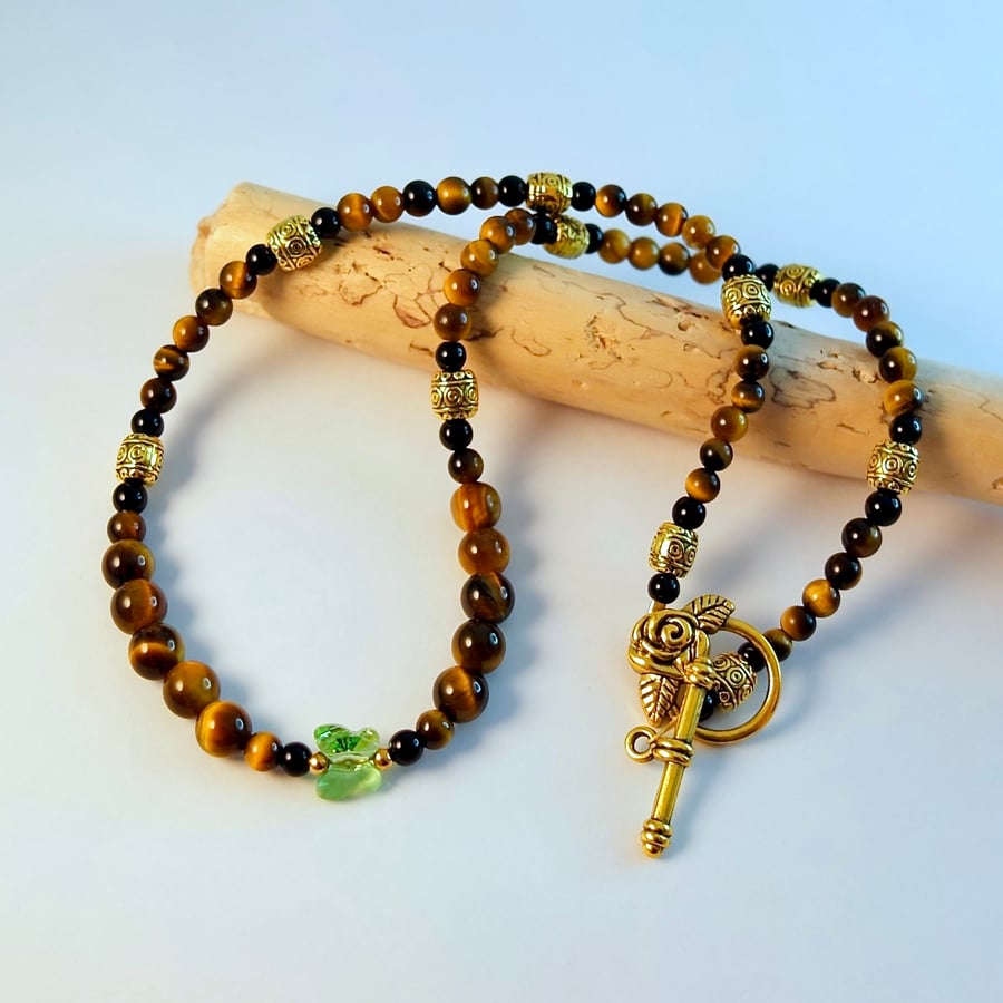 Tiger Eye Necklace With Crystal Butterfly, Birthday, Anniversary, Gift For Her