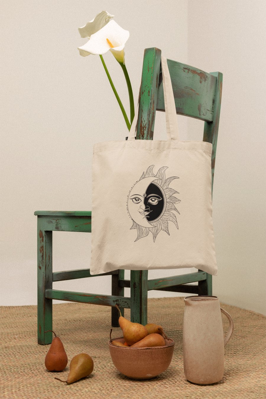 Sun and moon tote bag, Boho Handmade tote bag, 100% Cotton tote bag