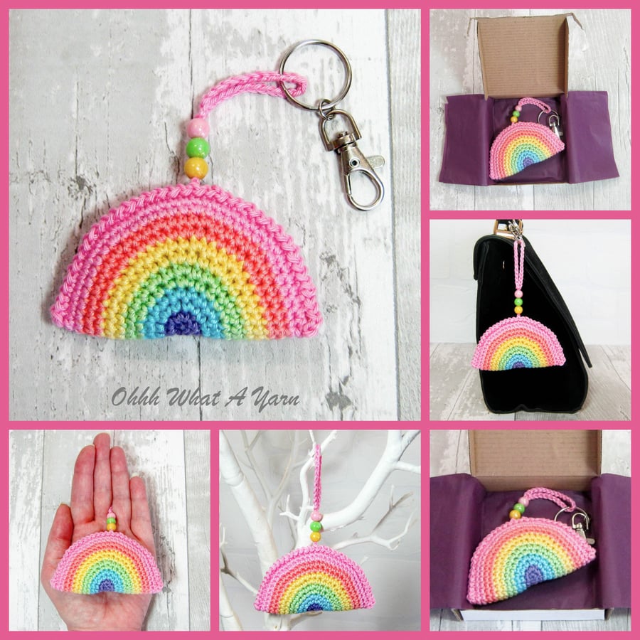 Crochet pastel rainbow, rainbow bag charm, hanging decoration, key ring. 