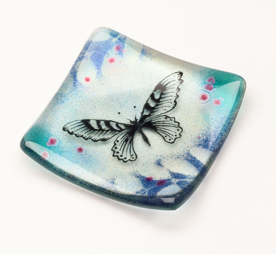 Fused Glass Ring Dish with Handpainted Butterfly