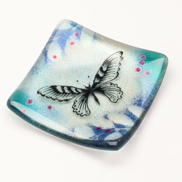 Fused Glass Ring Dish with Handpainted Butterfly
