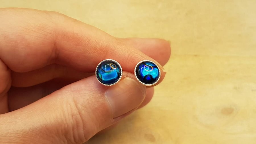 Round Blue Abalone stud earrings. 925 sterling silver 8mm round Post earrings