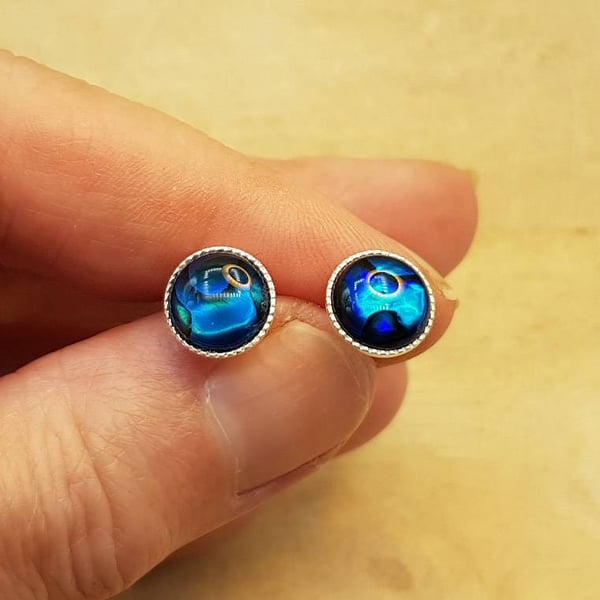 Round Blue Abalone stud earrings. 925 sterling silver 8mm round Post earrings