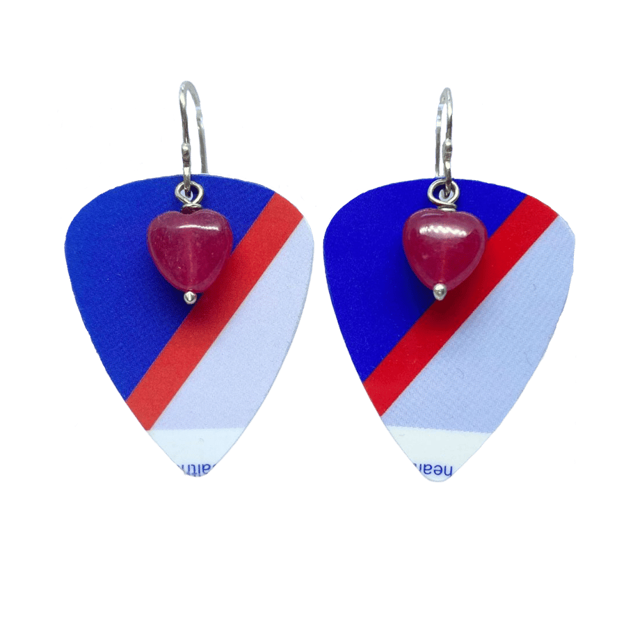 Recycled Blue and Pink Guitar Plectrum Earrings with Pink Quartzite Hearts