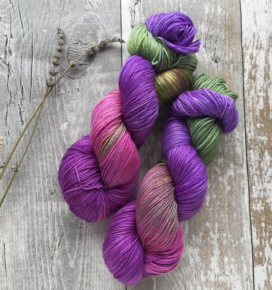 Hand dyed knitting yarn 4 ply Merino & silk Lavender Fields 100g
