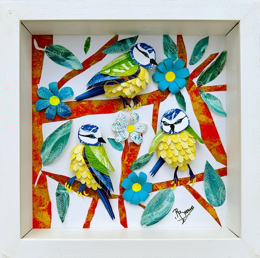 3 Blue Tits In A Tree Paper Sculpture