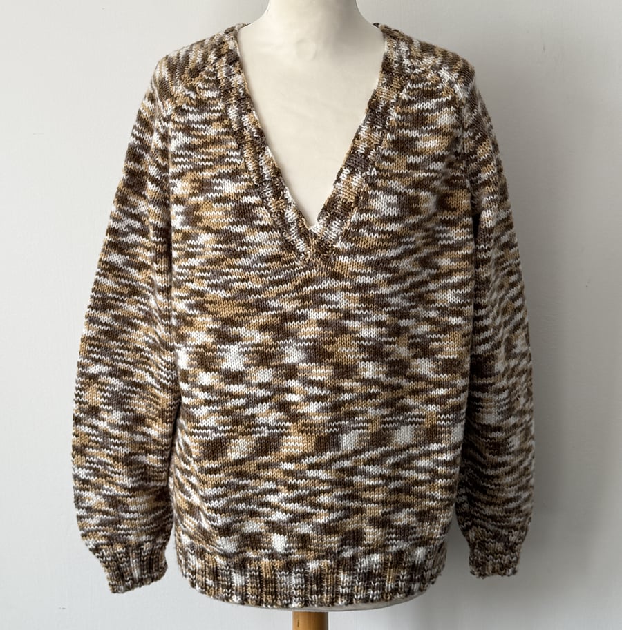 Brown Fuzz Hand Knitted V Neck Random Pattern Sweater 