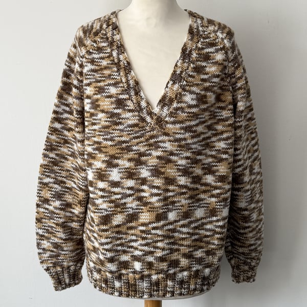 Brown Fuzz Hand Knitted V Neck Random Pattern Sweater 