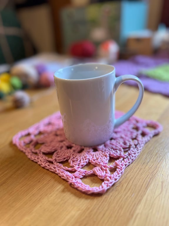 Crochet Coaster ‘Pink Peony Granny Square’