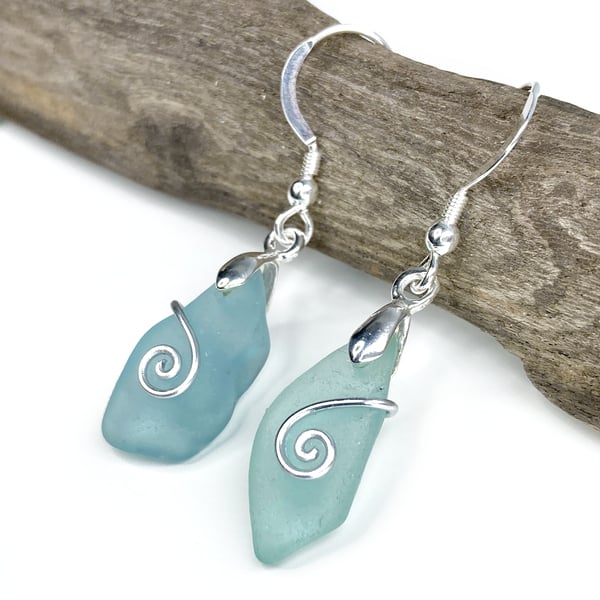 Sea Glass Earrings - Aqua Green - Handmade Scottish Silver Wire Celtic Jewellery