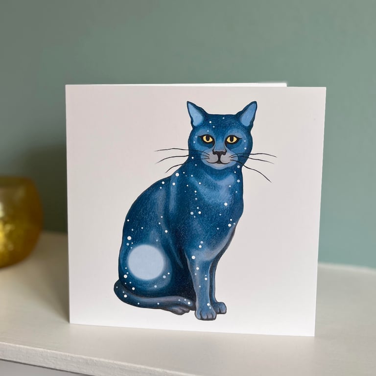 Cat greeting card - Lunar cat illustration, blue cat card 
