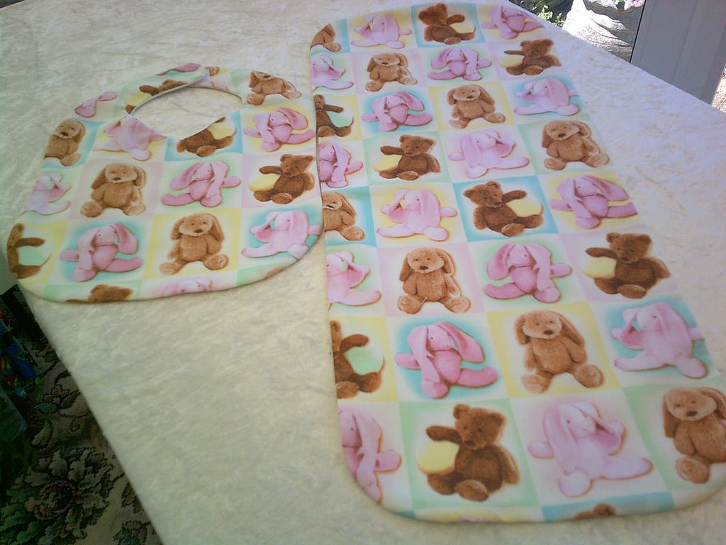 Pink Rabbits and Teddy Bears Bib and Burp Cloth