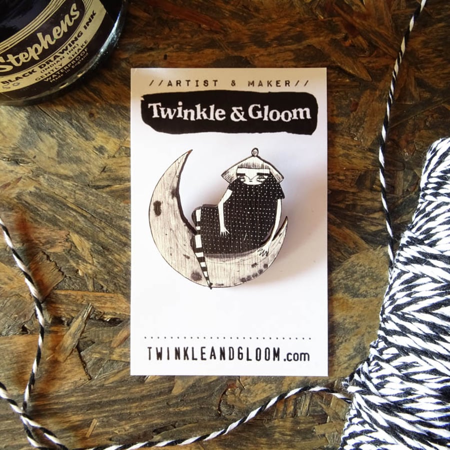 'Moon girl' Wood Brooch