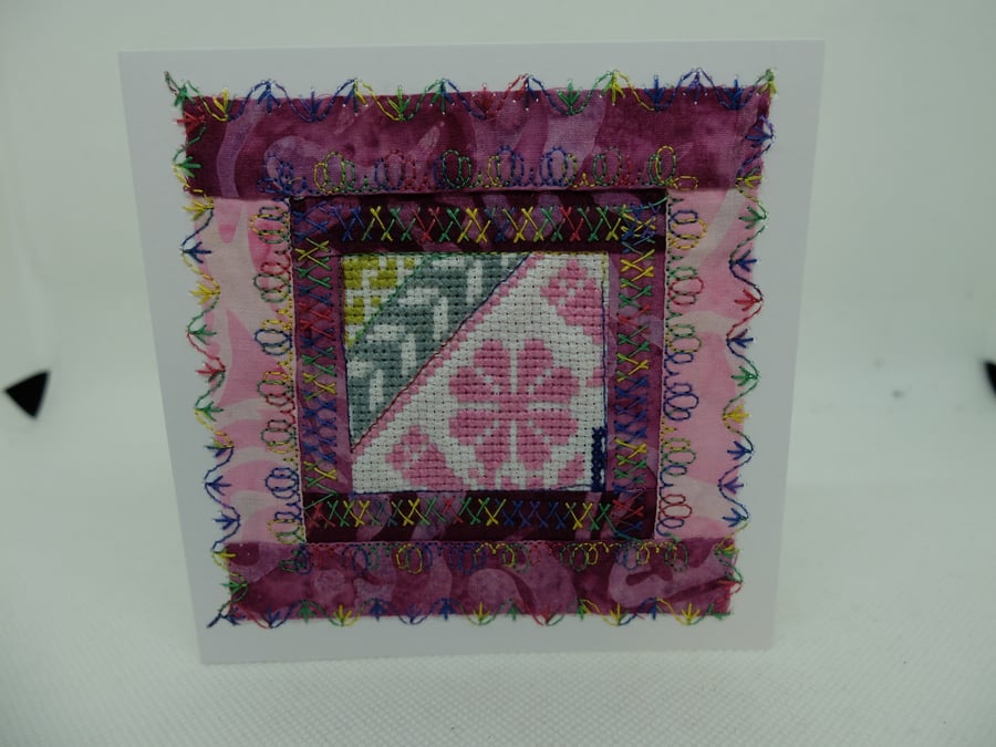 quilt block inspired greetings card with cross stitch fragment to centre