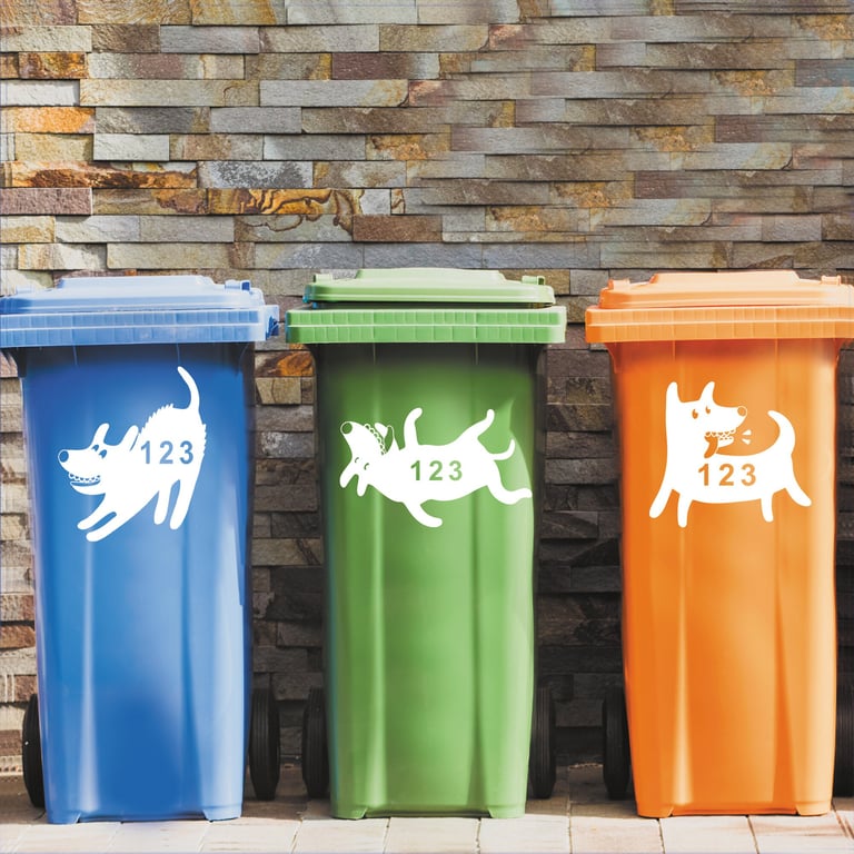 Wheelie Bin Personalised Sticker Custom Number House Number Funny Cartoon Dog 