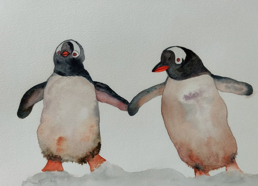 Penguins winter watercolour A4 original art wall countryside meadow