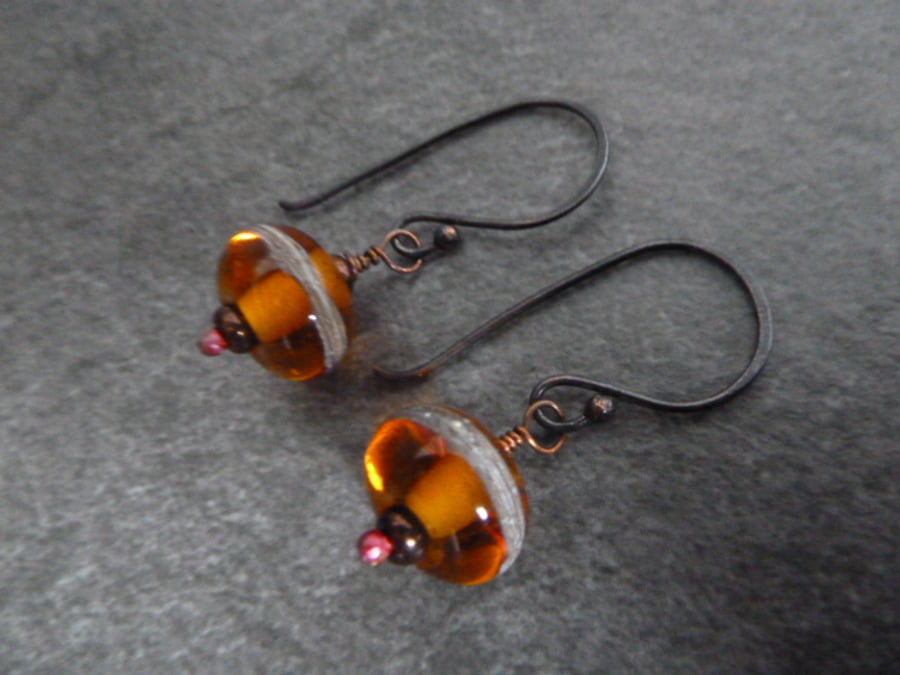 copper and amber lampwork glass earrings