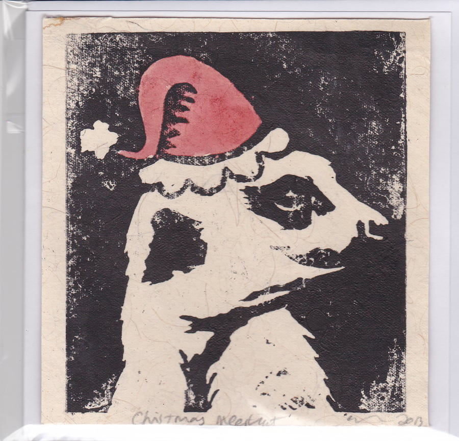 Christmas Meerkat Lino Print Greeting Card Meercat