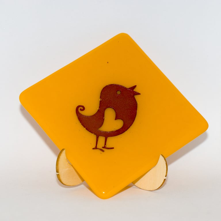 Yellow Coaster with Copper Bird Insert - 9307