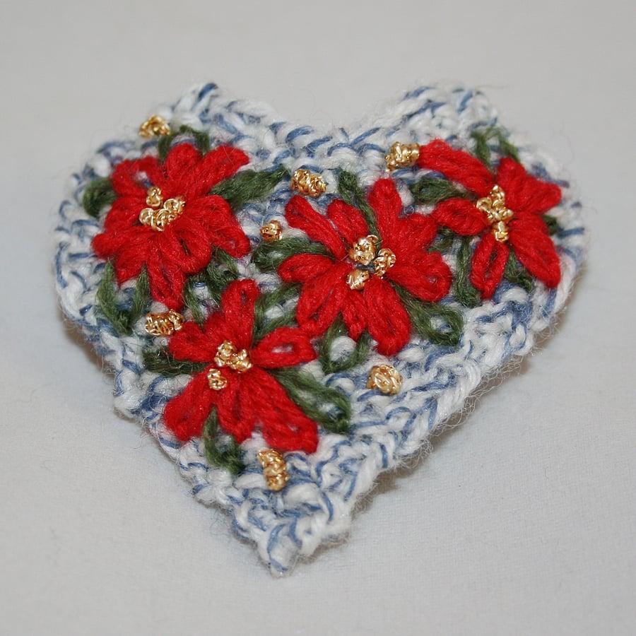 Ponisettia Brooch - Embroidered on a Pale Blue Heart