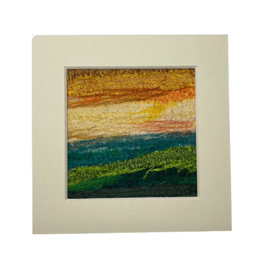 Silk and wool textile art sunset abstract landscape, mounted 