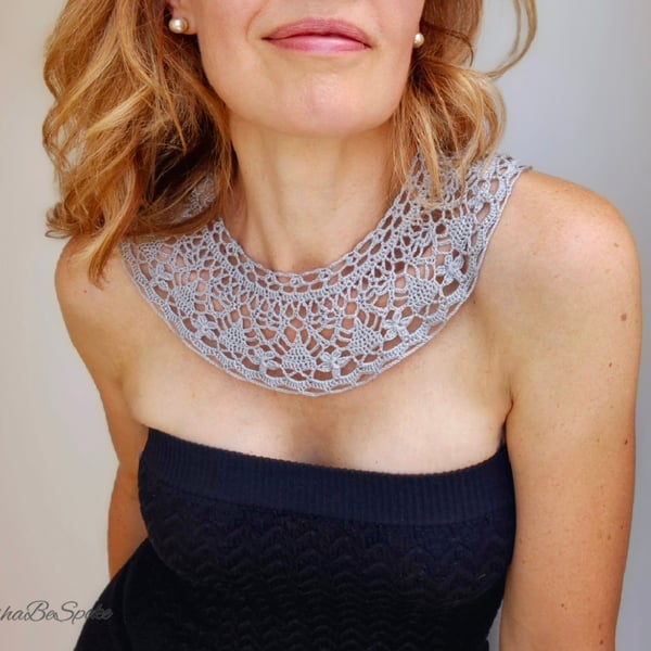 Hand crochet silk detachable collar, Lace knit necklace, Retro style collar