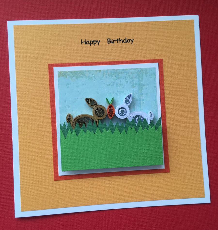 Birthday card - quilled rabbits - personalised option available