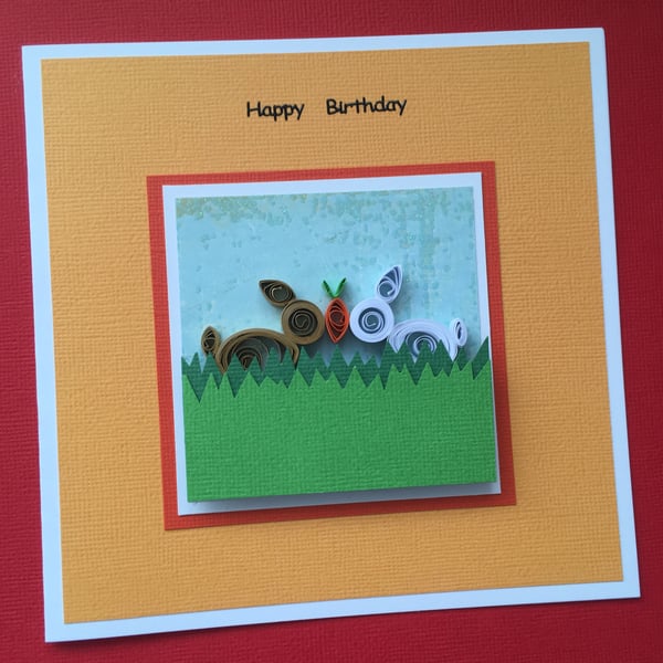 Birthday card - quilled rabbits - personalised option available