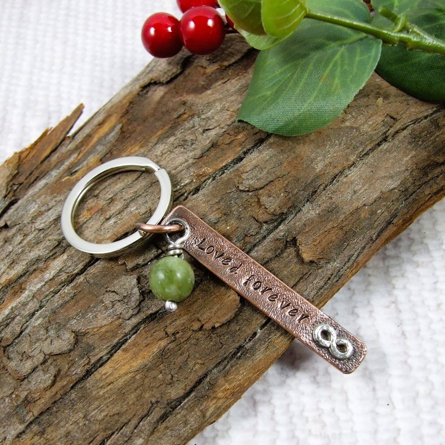 Bag Charm, Copper with Sterling Silver infinity Knot and Jade Gemstone