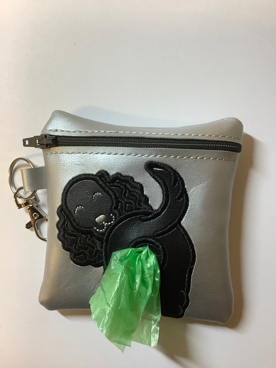 Attractive  Spaniel Embroidered Silver faux leather dog poo bag ,dog walking,