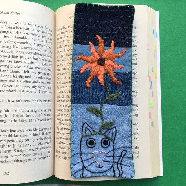 Handmade Fabric Bookmark - Cat And A Flower - Book accessories