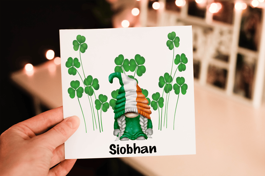 Ireland Gnome Clover Leaf Card, Ireland National Flower Card, Custom Card
