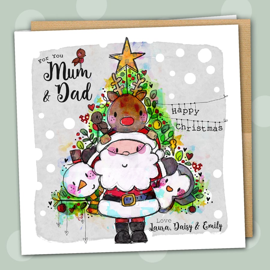Santa & Friends Tree Christmas personalised white square 6" linen card