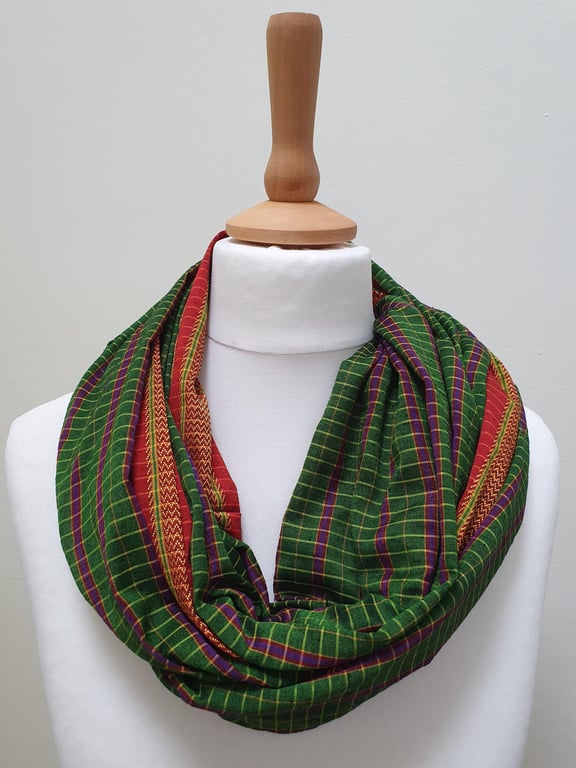 Sari silk double sided infinity scarf. Green with purple, pink, yellow and rust 