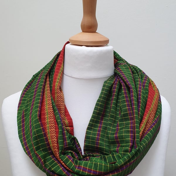 Sari silk double sided infinity scarf. Green with purple, pink, yellow and rust 