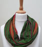 Sari silk double sided infinity scarf. Green with purple, pink, yellow and rust 
