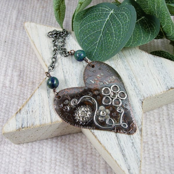 Heart Hanging Decoration. Copper with Flowers and Chrysocolla Gemstones